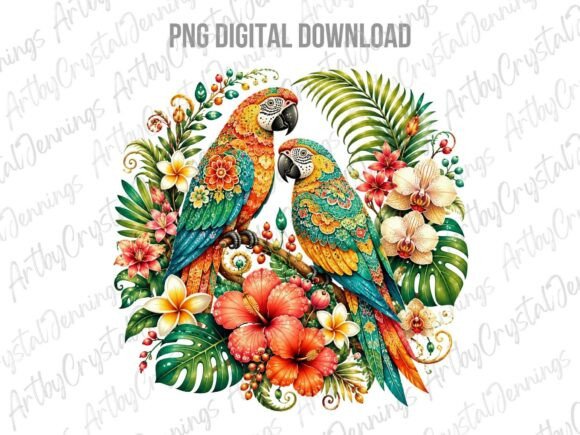 Download Tropical Parrots Floral Watercolor PNG - Watercolor Collection