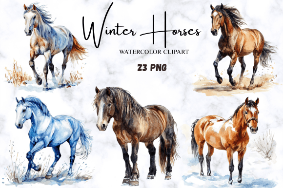 Download Watercolor Winter Horses Clipart Pack - Watercolor Collection
