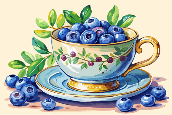Download Teacup with Blueberries Watercolor - Watercolor Collection