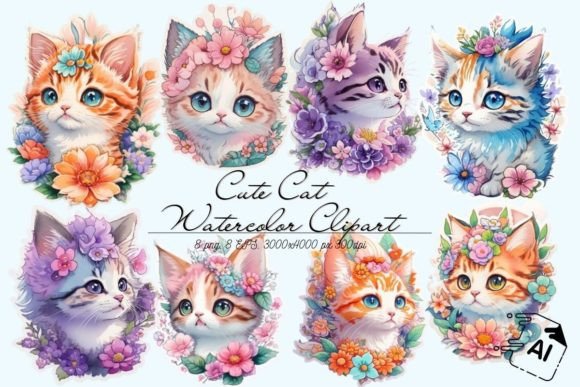 Download Cat &amp; Flowers Watercolor Stickers Vector - Watercolor Collection