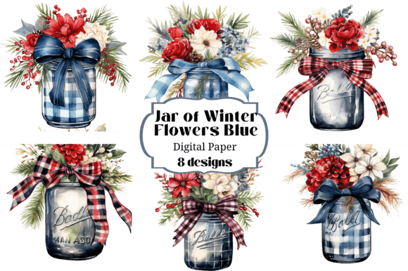 Download Mason Jar Blue Watercolor Winter Flowers - Watercolor Collection