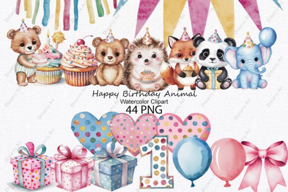Download Happy Birthday Animal Watercolor Clipart - Watercolor Collection