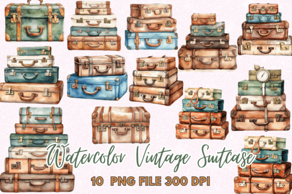 Download Vintage Suitcase Watercolor Clipart - Watercolor Collection