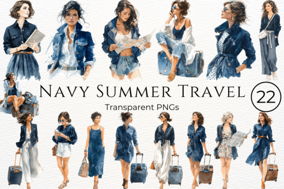 Download Navy Summer Travel Watercolor Clipart - Watercolor Collection