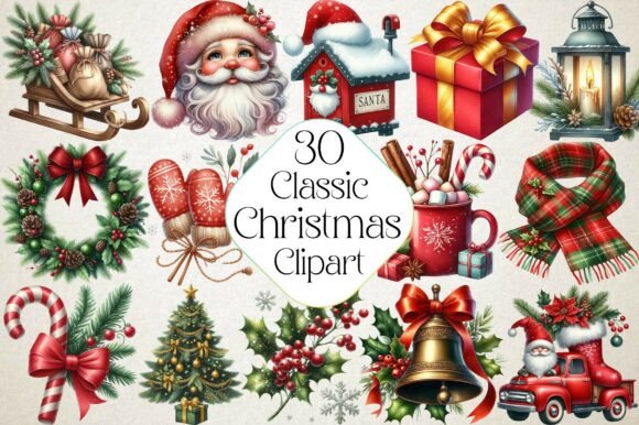 Download Watercolor Classic Christmas Clipart - Watercolor Collection