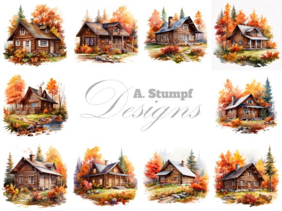 Download Log Cabin Autumn Watercolor Clipart Set - Watercolor Collection