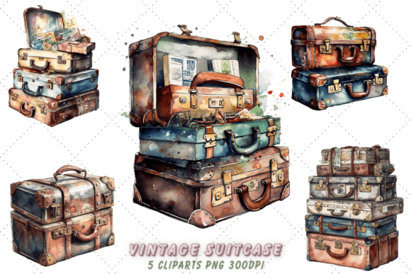 Download Vintage Suitcase Watercolor Clipart - Watercolor Collection