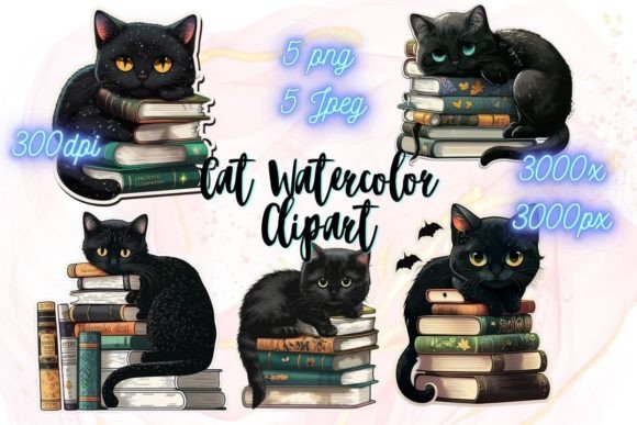 Download Black Cat &amp; Books Watercolor Stickers - Watercolor Collection