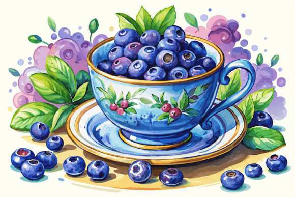 Download Teacup with Blueberries Watercolor - Watercolor Collection