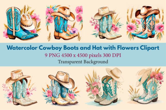 Download Watercolor Cowboy Boots Hat and Flowers - Watercolor Collection
