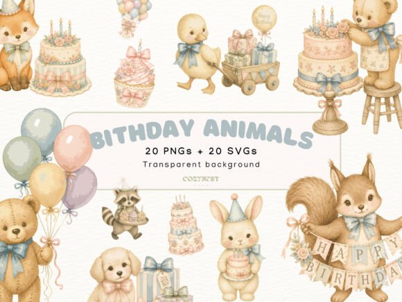 Download Birthday Animals Watercolor Cliparts SVG - Watercolor Collection
