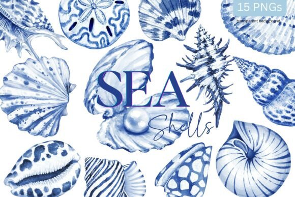 Download Sea Shells Toile Blue Watercolor Coastal - Watercolor Collection