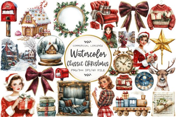 Download Watercolor Classic Christmas Clipart - Watercolor Collection