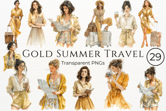 Download Gold Summer Travel Watercolor Clipart - Watercolor Collection