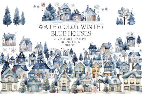 Download Watercolor Winter Christmas Blue Houses - Watercolor Collection