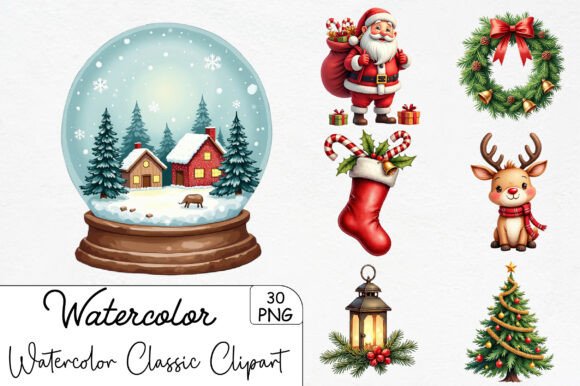 Download Watercolor Classic Christmas Clipart - Watercolor Collection