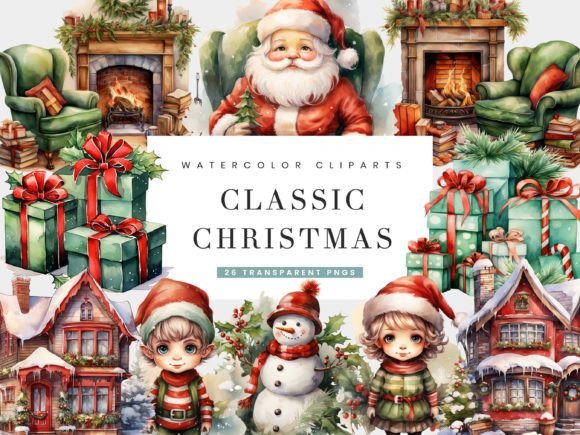 Download Watercolor Classic Christmas Clipart - Watercolor Collection