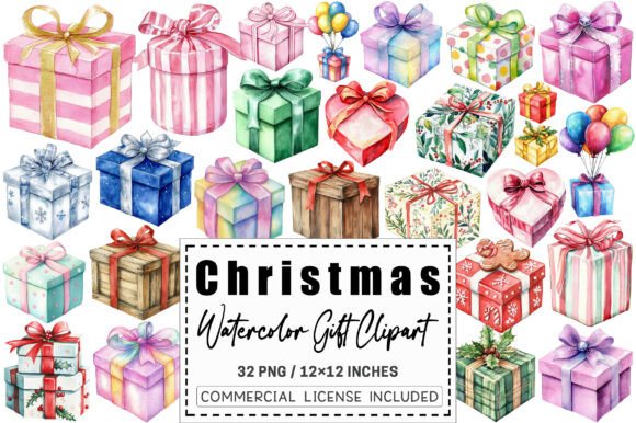 Download Watercolor Christmas Gift Clipart Set. - Watercolor Collection