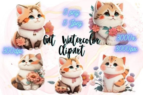 Download Cat &amp; Flowers Watercolor Stickers - Watercolor Collection