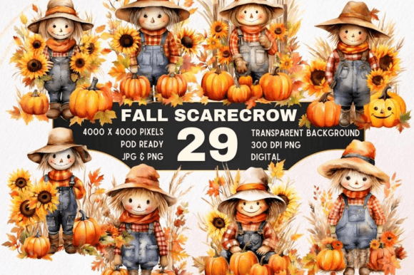 Download 29 Fall Scarecrow Watercolor Clipart Set - Watercolor Collection