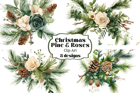 Download 8 Christmas Pine White Roses Watercolor - Watercolor Collection