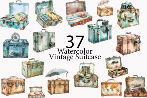 Download Vintage Suitcase Watercolor Clipart - Watercolor Collection