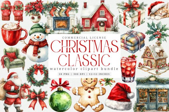 Download Watercolor Classic Christmas Clipart PNG - Watercolor Collection