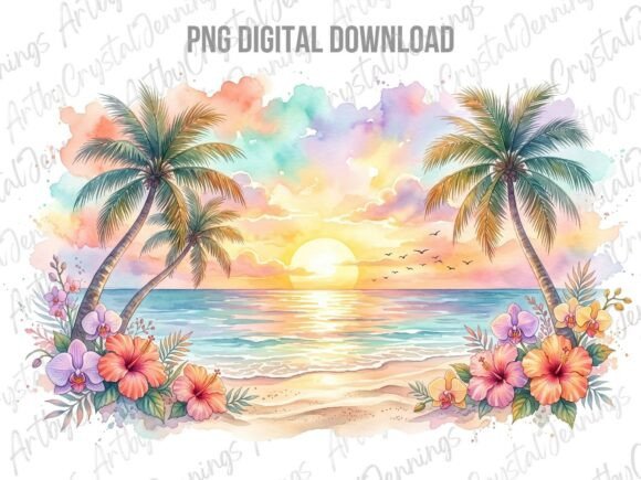 Download Watercolor Tropical Beach Sunset PNG - Watercolor Collection