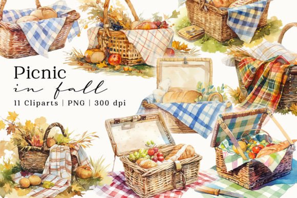 Download Picnic Basket in Fall Watercolor Clipart - Watercolor Collection