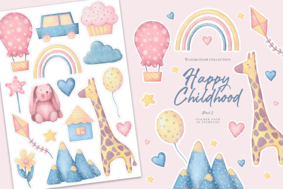 Download Happy Childhood. Watercolor Stickers. - Watercolor Collection