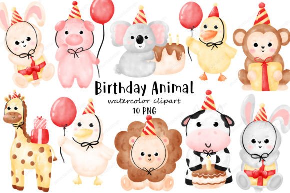 Download Happy Birthday Animal Watercolor Clipart - Watercolor Collection
