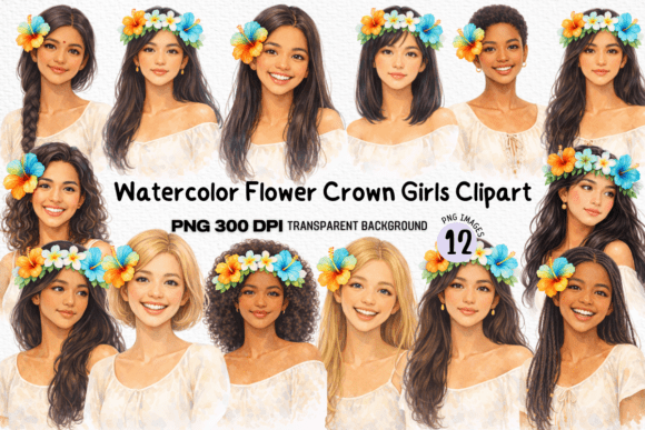 Download Watercolor Flower Crown Girls Clipart - Watercolor Collection
