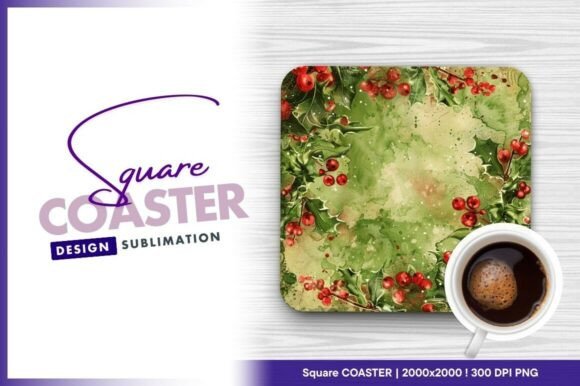 Download Watercolor Holly Berries Square Coaster - Watercolor Collection