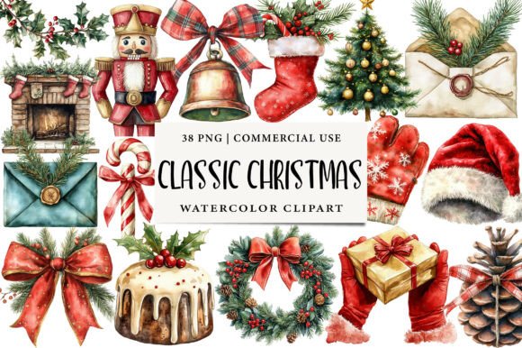 Download Watercolor Classic Christmas Clipart - Watercolor Collection