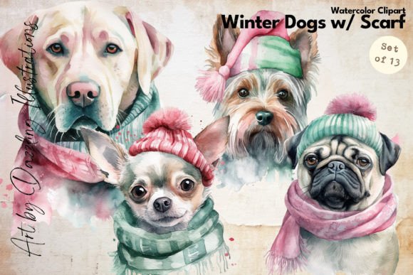 Download Watercolor Winter Dogs in Scarfs - Watercolor Collection